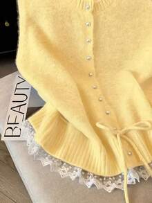 Cárdigan con detalle de nudo y botones delanteros, primavera - Amarillo - Ver 4