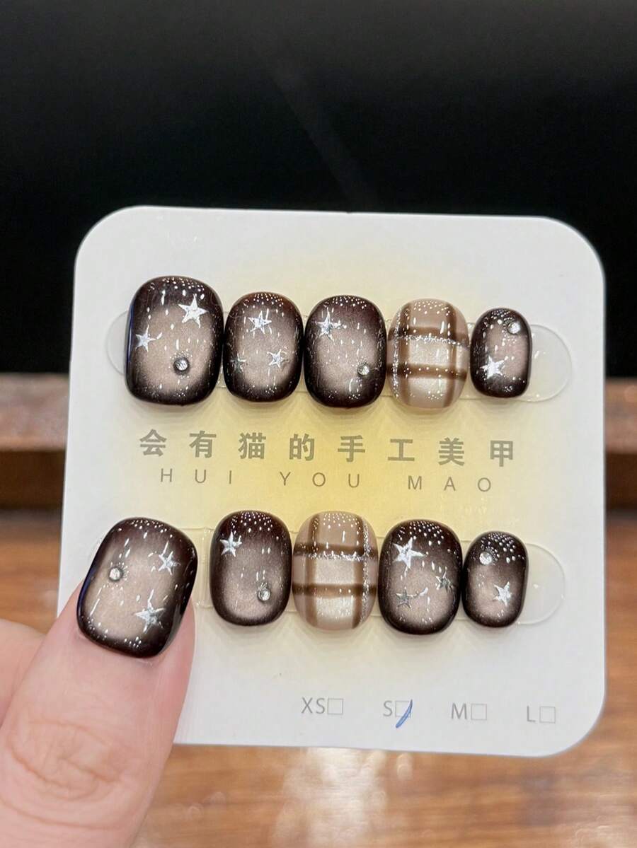 10pcs/Set Press On Nail Cap, Cocoa Star Wish. Winter And Spring Coffee Colored Glittery Glass Bead Cat Eye Hand Painted Checkered Handmade Wearable Nail. Press On Nails - Multicolor - View 1