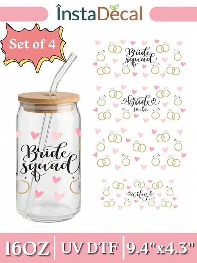 4pcs/Set 16oz Glass Cup Wrap UV DTF Transfer Sticker (9.4x4.3in) No Heat Needed, Bride To Be Bride Squad Wifey Graphic, Pink Heart Gold Wedding Ring Aesthetic, Bachelorette Party Bridal Shower Gift Waterproof Rub On Decal For Libbey Tumbler DIY