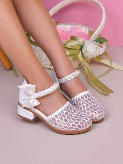 Girls' White Pearl Mesh Sandals, Princess Shoes Suitable For Weddings, Parties And Performances To Match Dresses