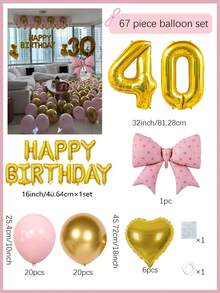 67件組粉色與金色生日派對裝飾套組，金色生日快樂橫幅，粉色蝴蝶結鋁箔氣球，適用於生日派對用品、驚喜派對、公主生日派對、房間裝飾、週年慶祝鋁箔氣球裝飾 - 金色數字生日 - 查看 9
