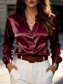 Elegant Women's Burgundy Satin Long Sleeve Blouse - Burgundy - View 6
