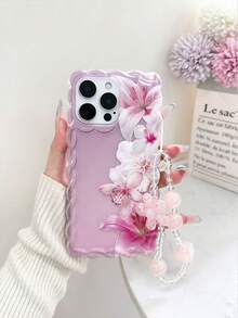 Floral Lily Painted Braided Wavy Edge Transparent Detachable Bracelet Charm, Fashionable Minimalist Thick Shockproof Phone Protective Case Suitable For IPhone 17/17 Pro, 15 Pro Max, 16/16 Pro/16 Pro Max, 16 Plus, 15 XR, 7/8, 15 Pro Max, 12 Pro Max, 13 Pro Max, 14 Pro Max, 13, 14, 11, 12, 14 - Multicolor - View 2