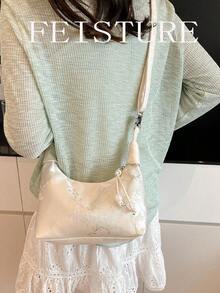 1 Chiếc túi xách tay kiểu dáng xô, chất liệu vải nylon màu trơn, thêu họa tiết Trung Quốc (kiểu dáng và vị trí họa tiết ngẫu nhiên). Thích hợp cho mua sắm, hẹn hò, làm quà tặng cho nữ, phù hợp cho nhân viên văn phòng, đi làm, đi học, đi làm hàng ngày. - trắng - Xem 5