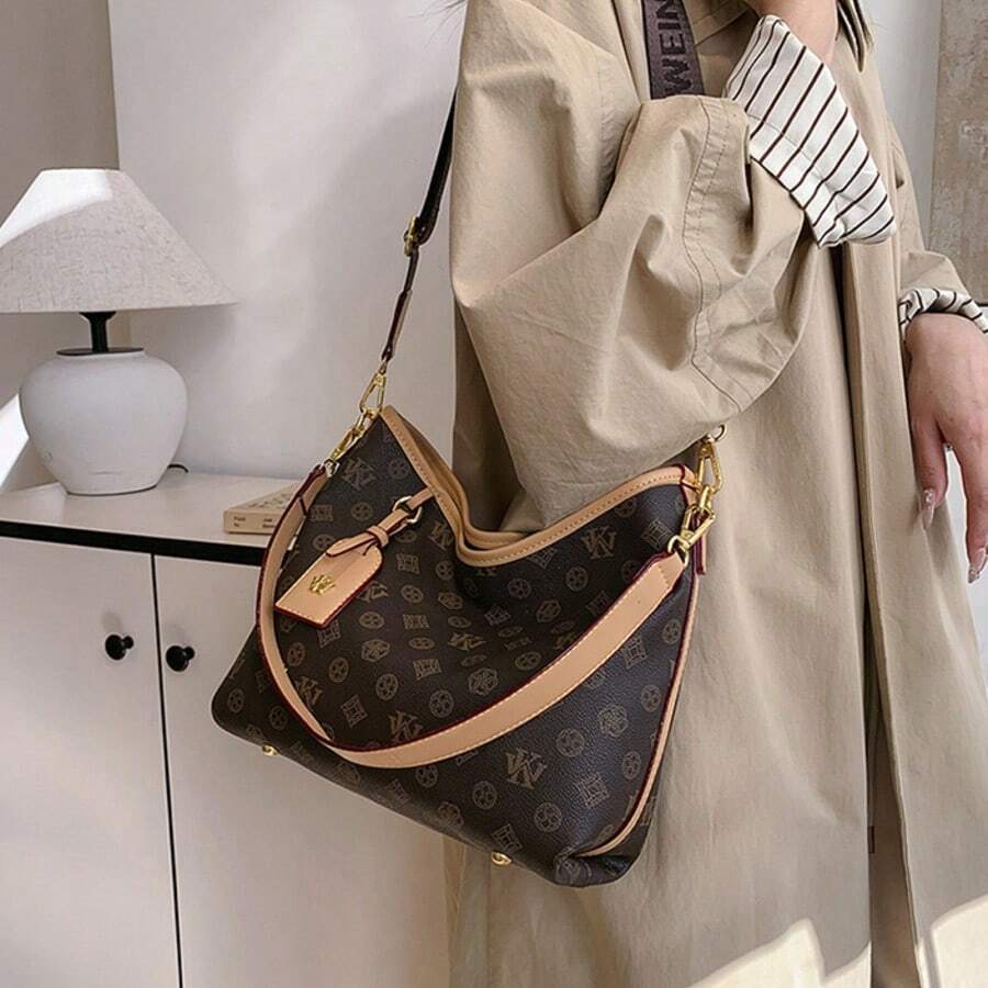 Vintage Monogram Hobo Bag For Women - Multi-Strap Large Capacity Designer - Inspired Shoulder Bag, Fashion Must-Have, 12.20 * 4.33 * 9.84 In, Adjustable Strap - 咖啡棕 - 查看 1