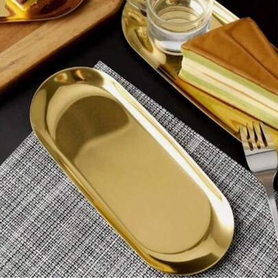 1pc Gold-Color Tray, Minimalist Luxurious Iron Art Storage Dish, Suitable For Living Room, Dining Room, Bathroom, Cosmetics And Jewelry Storage
