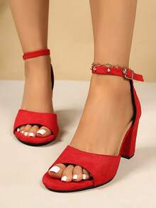 Giày sandal cao gót thời trang nữ, kiểu dáng tối giản, đa năng, chất liệu da lộn, quai đơn, khóa cài, chống trơn trượt, mũi kín. - Đỏ - Xem 4