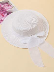 1pc Women's White Fashionable Versatile Flat Top Linen Bow Ribbon Sun Hat, Suitable For Beach Travel And Vacation - Multicolor - View 5