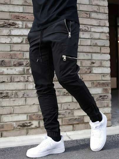 男士时尚休闲慢跑裤，多口袋设计，简约工装裤，黑色春季款