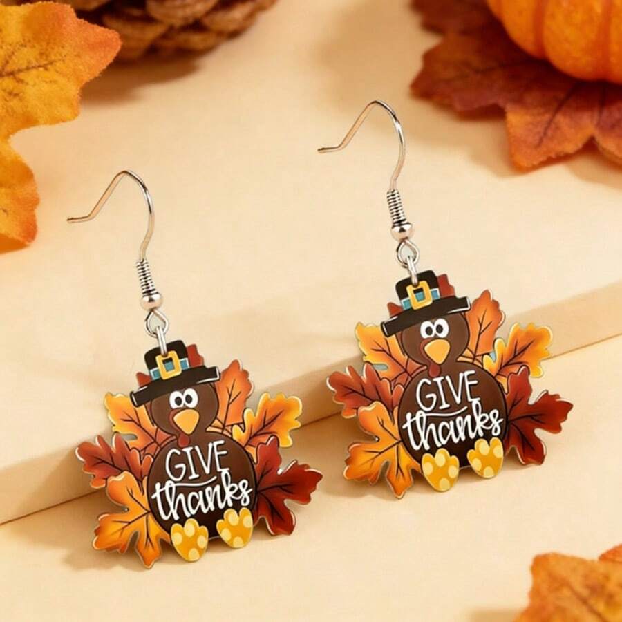 Thanksgiving Turkey Acrylic Dangle Earrings, "Give Thanks" Fall Maple Leaf Drop Earrings, 2D Flat Thanksgiving Party Jewelry For Women - A - View 1