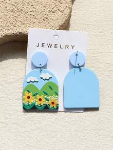 1对女士春夏蓝天白云绿山黄向日葵雏菊印花亚克力可爱优雅耳环 - 彩色 - 查看 9