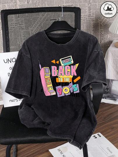 Camiseta holgada de manga corta con cuello redondo, de estilo retro, de algodón, cómoda y de moda, con estampado de letras y teléfonos, para uso diario, en talla grande para mujer