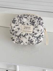 Bolsa de cosméticos con cremallera de tela con estampado floral, elegante estuche suave con estilo francés, organizador portátil de artículos de tocador para uso diario, viajes, hogar, adecuado para mujeres - Blanco y Negro - Ver 12