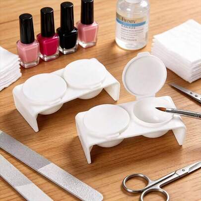 1 bộ cốc nhựa đôi dùng cho nghệ thuật làm móng, bát ngâm, bát đựng có nắp đậy để trộn bột acrylic và dung dịch, màu trắng, dụng cụ làm móng, đồ dùng nghệ thuật.