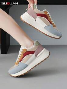 2026 New Colorblock Platform Chunky Sneakers For Women, Increased Height, Soft Bottom, Breathable Casual Shoes, Versatile, Comfortable, Retro Style, Lightweight Non-Slip, Student, Korean Fashion, Spring/Autumn - Baby Blue - View 2