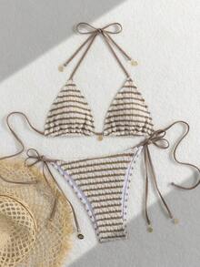 Ladies' Striped And Water Ripple Split Swimsuit Sexy Bikini SexHy Bikini Swimsuit Color Blocking Fashion High-End Hot Spring Party Bikini Careful Machine,European & American Style Sexy Halter Women Bikini Set Swimwear, For Summer Beach Vacation Hot Selling Swimsuits - 摩卡棕 - 查看 3