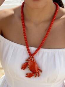 ZA Women's Multi-Color Shell Pendant Pearl Chain Necklace | Boho Beach Ocean Style Easter Gift Jewelry For Beach Party - Crab - View 4