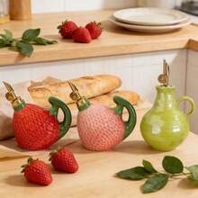 釉下彩陶瓷草莓油壶 & 珍珠梨形油壶，带可拆卸壶嘴，防漏酱料/醋瓶，适用于厨房、餐厅、酒店调味罐 - 彩色 - 查看 3