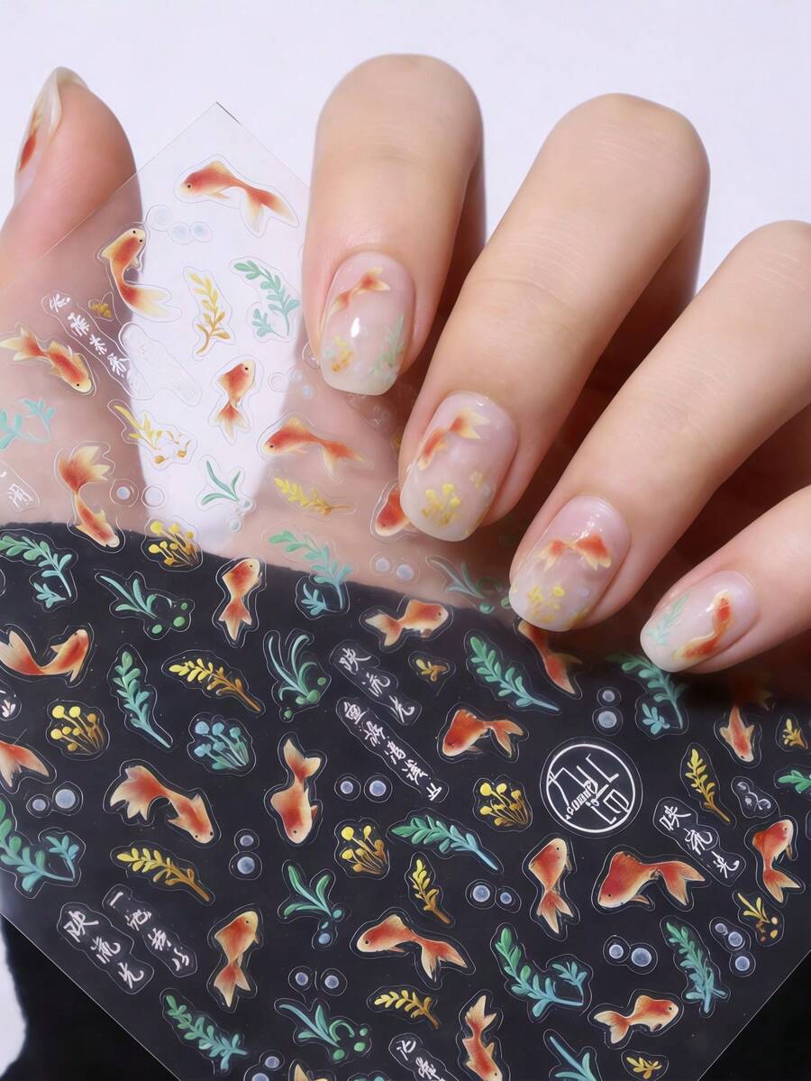 1张5D美甲贴纸，夏日海滩海洋波浪波纹闪光星星浮雕美甲贴花，DIY美甲用品，压敏美甲贴纸 - 彩色 - 查看 1
