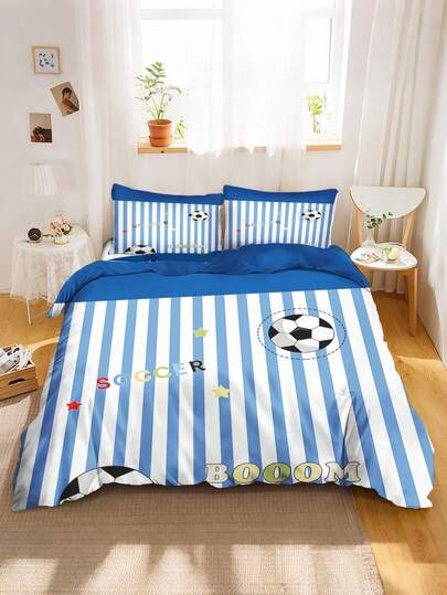2/3件套儿童足球主题床上用品套装，蓝白条纹足球印花被套及枕套，柔软超细纤维运动主题床品套装，适合男孩卧室装饰（单人床/双人床/大号床）135x200厘米