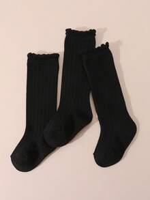 3 Pairs Girls' Black Solid & Striped Crew Socks, Minimalist Versatile, Suitable For Daily Wear - Black - View 2