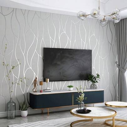 1 Roll Silver Gray Modern Minimalist Non-Woven Wallpaper, Suitable For Living Room, Kitchen, Bedroom, Dormitory, Furniture Renovation, Aesthetic Wall Covering, Shape And Stripe Style, Wavy Pattern