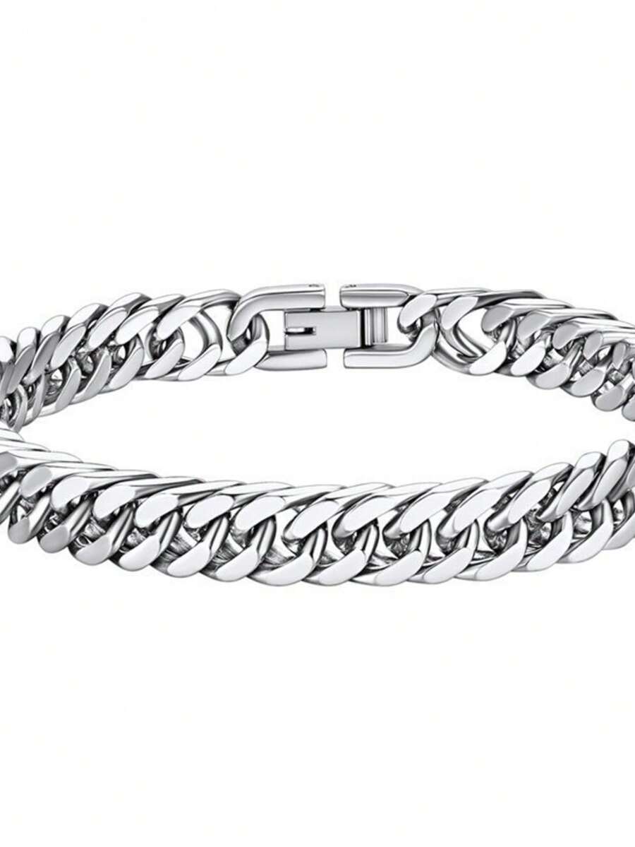 8毫米嘻哈风不锈钢迈阿密链手链，男女通用 - 銀色 - 查看 1