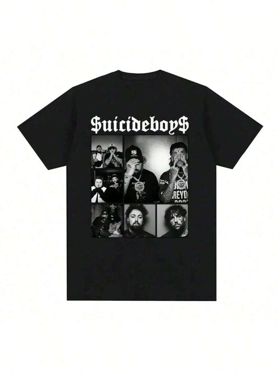Camiseta de algodón estampada de talla grande para hombre, camisetas con gráficos de la gira de la era Suicideboy para adolescentes, camisetas de estilo hip hop rock para hombre y mujer de talla regular, camisetas de estilo callejero Y2K, camisas oversize para hombre, tops de verano - Negro - Ver 1