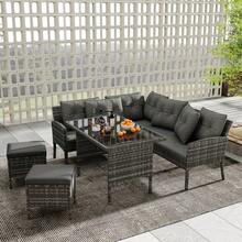 Poly Rattan Dining Set, Garden Furniture, Patio Set For 7 People, Including Sofa, Table, Stool And Cushions, Removable And Washable Cover, Grey - C - View 9