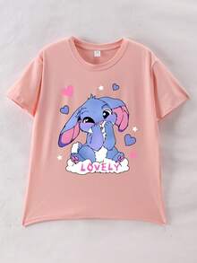 Girls' Casual Summer Set, Pink Short Sleeve T-Shirt With Shy Rabbit Cartoon Print, Paired With Black Shorts With Matching Pattern, Cute And Lively, Suitable For Daily Wear Or Campus Outfit - Multicolor - View 2