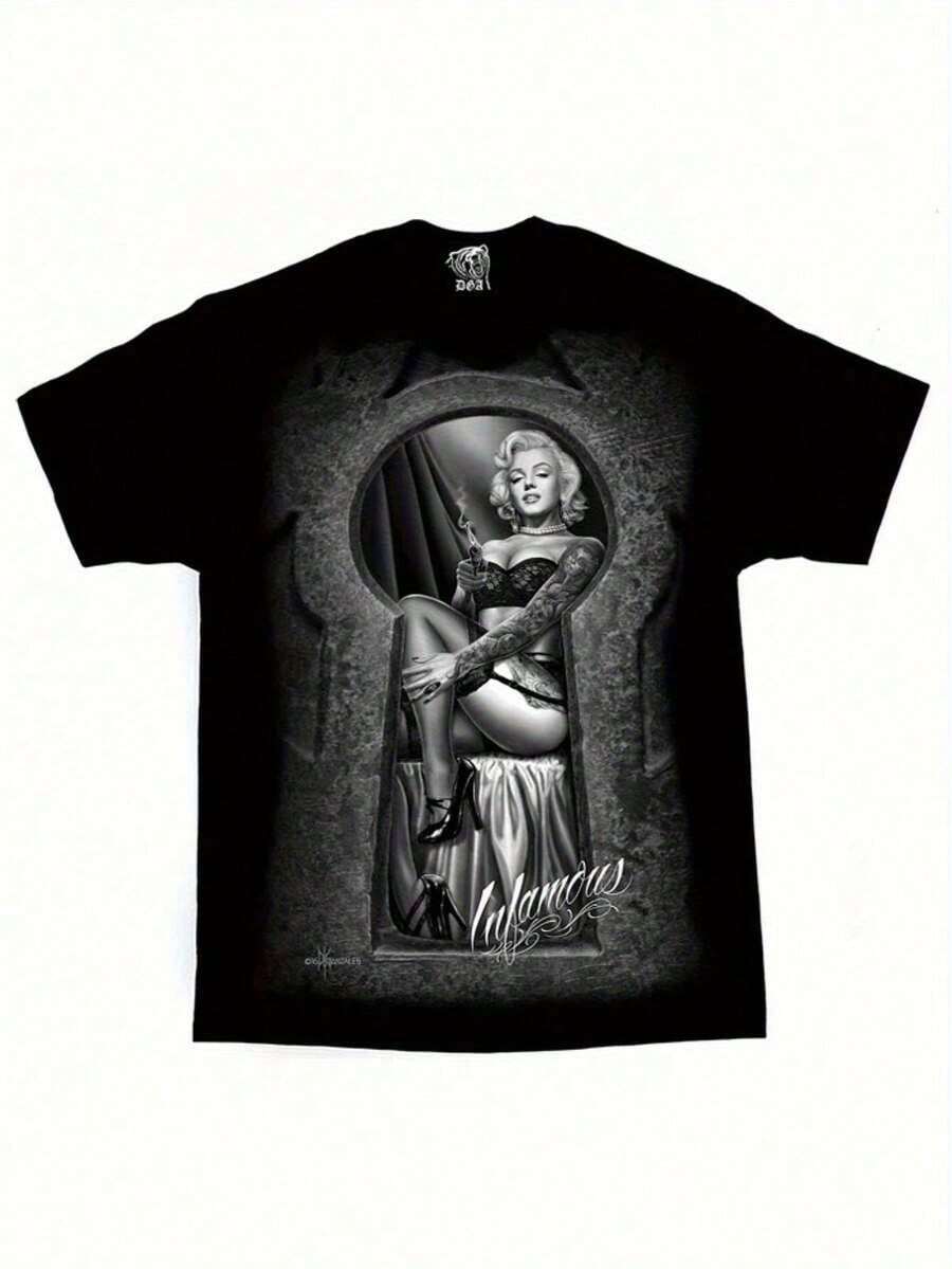 DGA David Gonzales Lowrider Art-Shirt - Black Vintage Tattoo Design With Floral & Female Figure,% Cotton Regular Fit Casual Tee Men & Women, Washable, All-Season Comfort, Casual Wear| Vintage Tattoo Design| Durable Print WXP7 - 黑色 - 查看 1