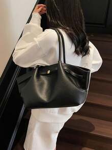 新款复古纯色高品质PU材质磁扣女士时尚单肩包、斜挎包、手提包，优雅大容量耐用轻便多功能，适合工作、旅行、商务、化妆品收纳等各种场合。 - 黑色 - 查看 4