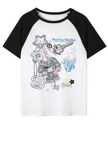 Áo thun tay raglan in hình hoạt hình cô gái thiên thần dễ thương thời Y2K, phong cách cá tính mạnh mẽ dành cho nữ. - trắng - Xem 3