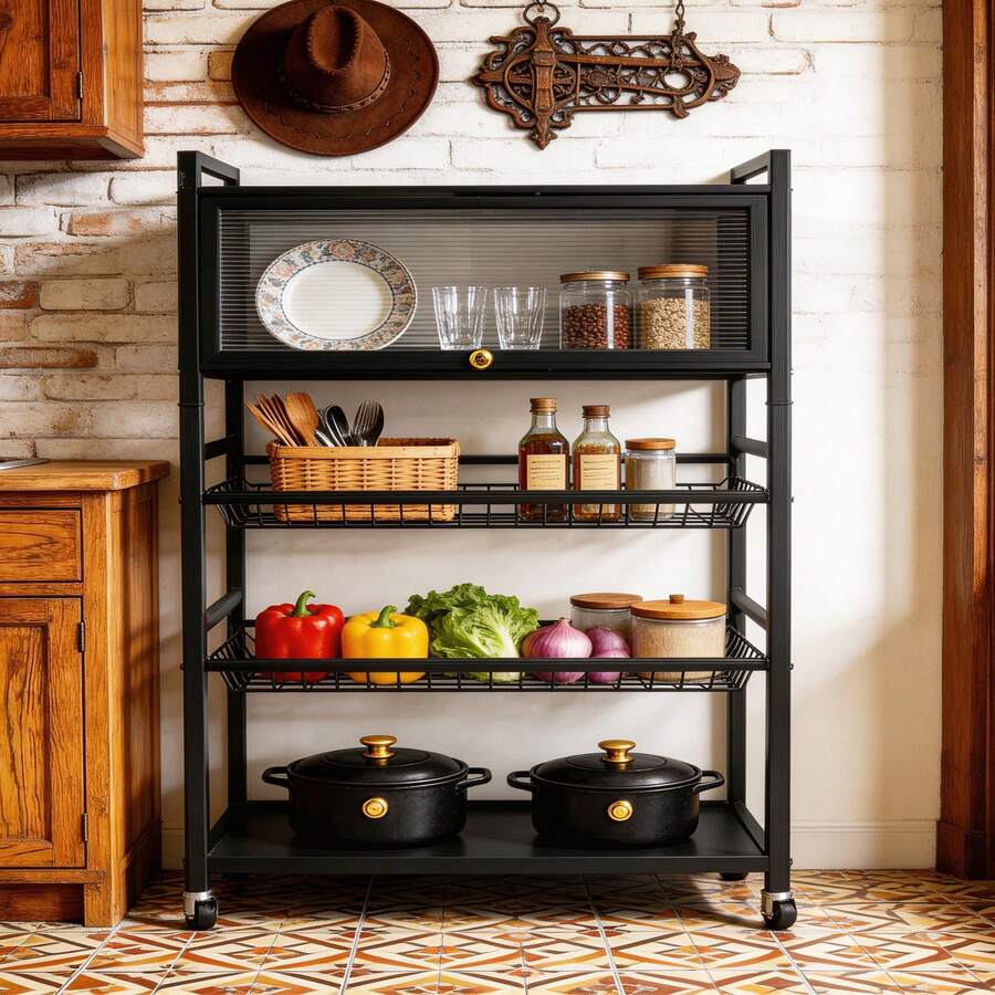 HanTai 5-Tier Metal Rolling Cart With Removable Grid Shelves, Lockable Wheels & Handle For Kitchen, Bathroom, Office Storage, Black - 查看 1