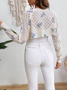 Women's Casual Floral Print Hollow-Out Cropped Knit Cardigan, Spring/Summer - Beige - View 2