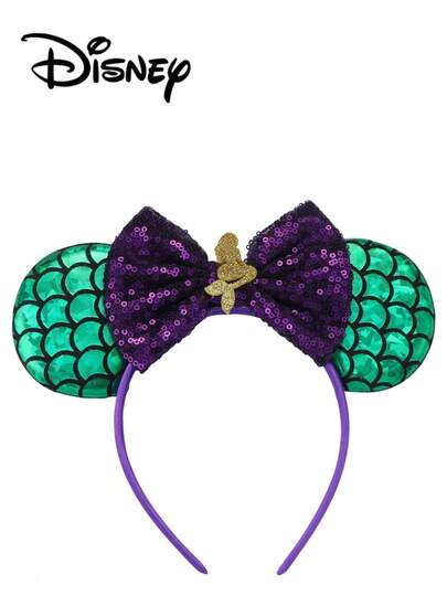 Disney 1件珠光绿+紫色+右美人鱼亮片发箍，珠光绿+紫色+右美人鱼亮片发箍 - 节日派对头饰、拍照道具、游乐园配饰，适合生日派对和复活节活动，可爱蝴蝶结卡通发饰、公主装扮配饰