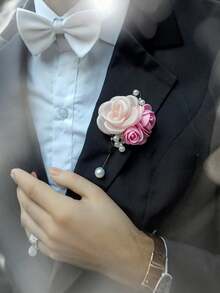 1pc Chest Flower + 1pc Wrist Flower, Pink Series, Korean Style Bridesmaid/Groomsman Chest Flower And Wrist Flower, Faux Rose, Wedding/Party/Photo Decoration - Multicolor - View 8