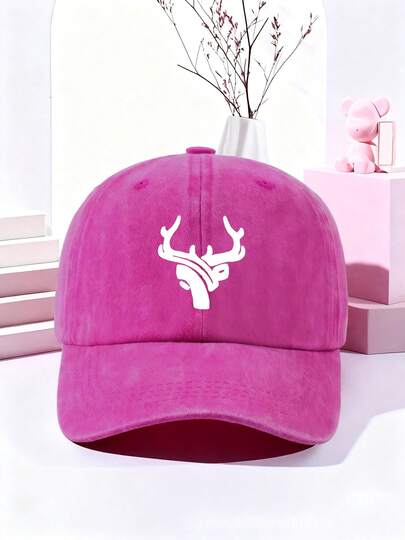 1顶男女通用鹿角印花水洗棒球帽，复古可调节，适合户外旅行、海滩，男女皆宜，圣诞礼物