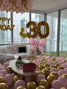 67件組粉色與金色生日派對裝飾套組，金色生日快樂橫幅，粉色蝴蝶結鋁箔氣球，適用於生日派對用品、驚喜派對、公主生日派對、房間裝飾、週年慶祝鋁箔氣球裝飾 - 金色數字生日 - 查看 3