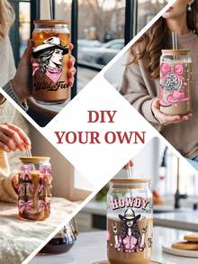 4pcs/Set Western Cowgirl & Rodeo UV DTF Transfer Stickers For 16oz Libbey Glass Cups (9.4x4.3in), Howdy Boots Skull Pink Bows Turquoise Waterproof Wraps, Wild West Aesthetic Decals No Heat Needed - Western Cowgirl 01 - View 8
