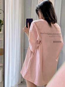 日系女式宽松休闲百搭字母印花短袖T恤，春夏粉色 - 粉色 - 查看 2