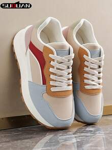 2026 New Colorblock Platform Chunky Sneakers For Women, Increased Height, Soft Bottom, Breathable Casual Shoes, Versatile, Comfortable, Retro Style, Lightweight Non-Slip, Student, Korean Fashion, Spring/Autumn - Baby Blue - View 7