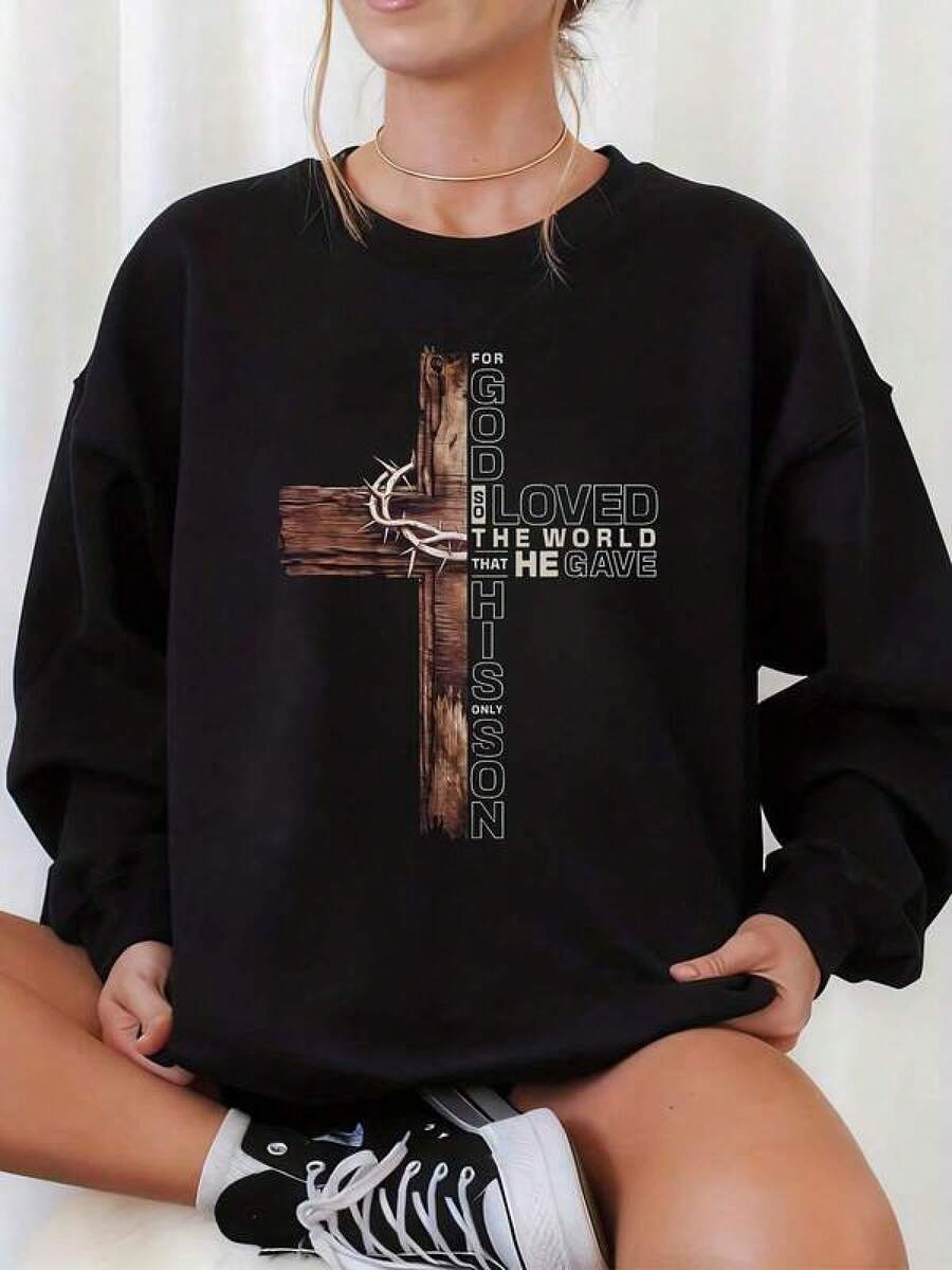 Women's Autumn And Winter Long Sleeved Crew Neck Sweatshirt ,Women's Oversized Crewneck Sweatshirt Christian Bible Verse God So Loved World That He - 黑色 - 查看 1