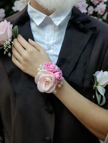 1pc Chest Flower + 1pc Wrist Flower, Pink Series, Korean Style Bridesmaid/Groomsman Chest Flower And Wrist Flower, Faux Rose, Wedding/Party/Photo Decoration - Multicolor - View 7