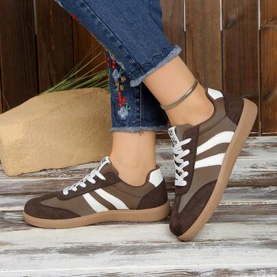 Women's Retro Casual Flat Patchwork Outdoor Sports Shoes, Comfortable Student Lace-Up Sneakers, Minimalist Fashion All Season