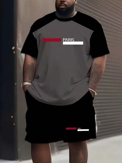 大码街头时尚品牌大码男士夏季套装，宽松撞色插肩袖T恤（巴黎简约印花）+配套黑色短裤，适合大码男士的休闲时尚装扮