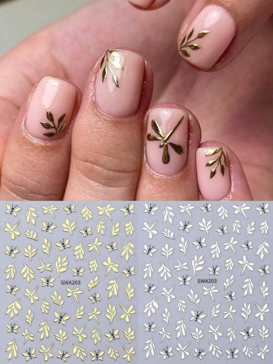 3D金属蜻蜓美甲贴纸2片装，金色银色可爱蜻蜓叶子图案，春夏昆虫动物设计，DIY Y2K全息自粘凝胶指甲油贴纸，美甲装饰 - 彩色 - 查看 1
