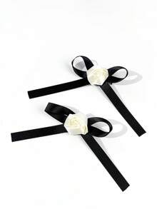 2个黑色丝带和白色玫瑰蝴蝶结发夹，适合任何场合 - 黑色 - 查看 2