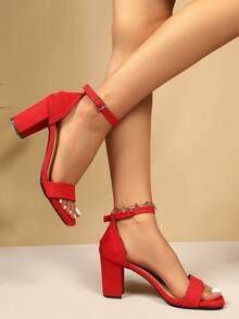 European And American New Summer Fashion Square/Round Toe Open Toe Chunky Heel One-Strap Hollow Out Backless Sandals, Women's Elegant High Heels, Red Classic Festive Wedding Party Pumps - Red 1126-122 - View 1