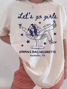 Women's Round Neck Fitted-Shirt 1pc Let's Go Girls, Custom Western Bachelorette Shirt, Cowgirl Bride Tee, Personalized Nashville Bach Shirts, Matching Country Bridal, Personalized Valentine DayEngagementWeddingHolidayDaily Life-Suitable Daily Wear, Vacation, Party - 白色 - 查看 1